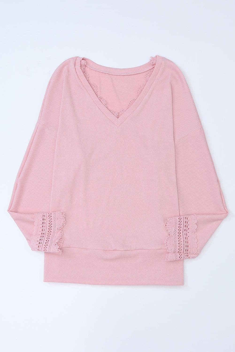 image-Apricot Ribbed Texture Lace Trim V Neck Long Sleeve Top