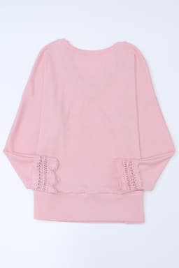 image-Apricot Ribbed Texture Lace Trim V Neck Long Sleeve Top