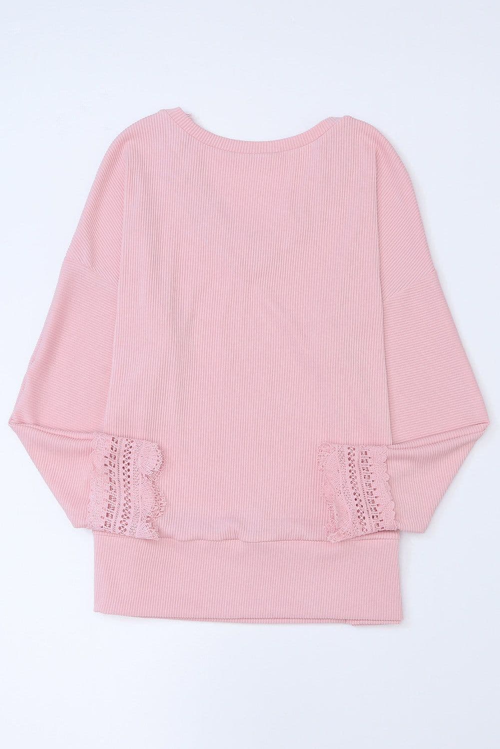 image-Apricot Ribbed Texture Lace Trim V Neck Long Sleeve Top