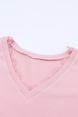 image-Apricot Ribbed Texture Lace Trim V Neck Long Sleeve Top