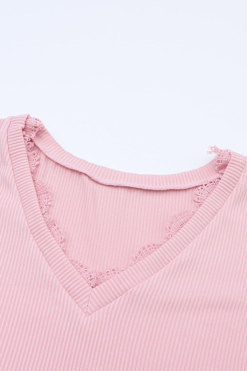 image-Apricot Ribbed Texture Lace Trim V Neck Long Sleeve Top