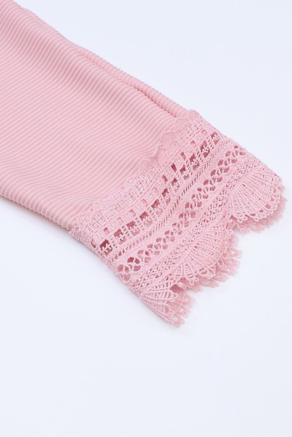 image-Apricot Ribbed Texture Lace Trim V Neck Long Sleeve Top