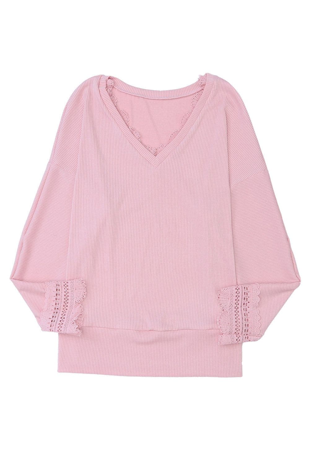 image-Apricot Ribbed Texture Lace Trim V Neck Long Sleeve Top