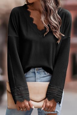image-Apricot Ribbed Texture Lace Trim V Neck Long Sleeve Top
