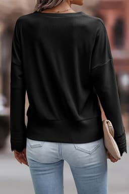 image-Apricot Ribbed Texture Lace Trim V Neck Long Sleeve Top