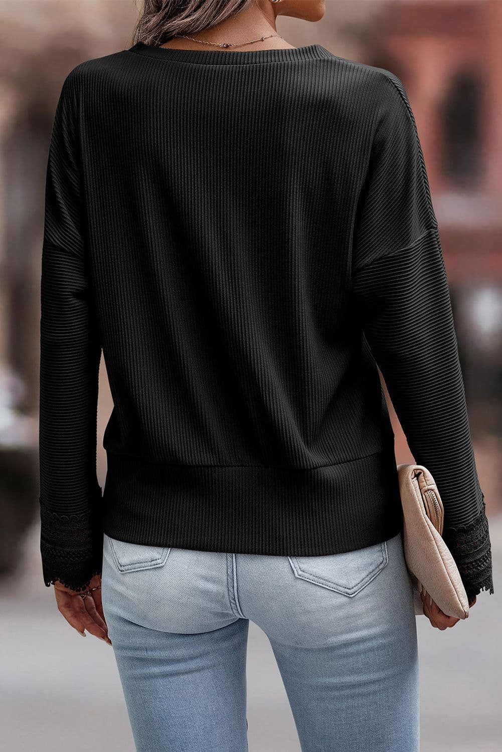 image-Apricot Ribbed Texture Lace Trim V Neck Long Sleeve Top