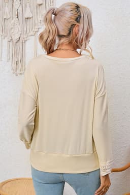image-Apricot Ribbed Texture Lace Trim V Neck Long Sleeve Top