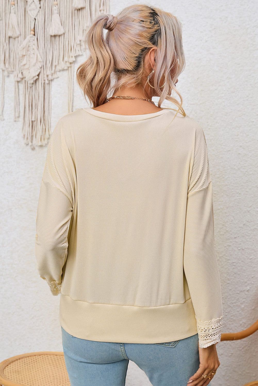 image-Apricot Ribbed Texture Lace Trim V Neck Long Sleeve Top
