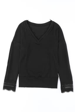 image-Apricot Ribbed Texture Lace Trim V Neck Long Sleeve Top