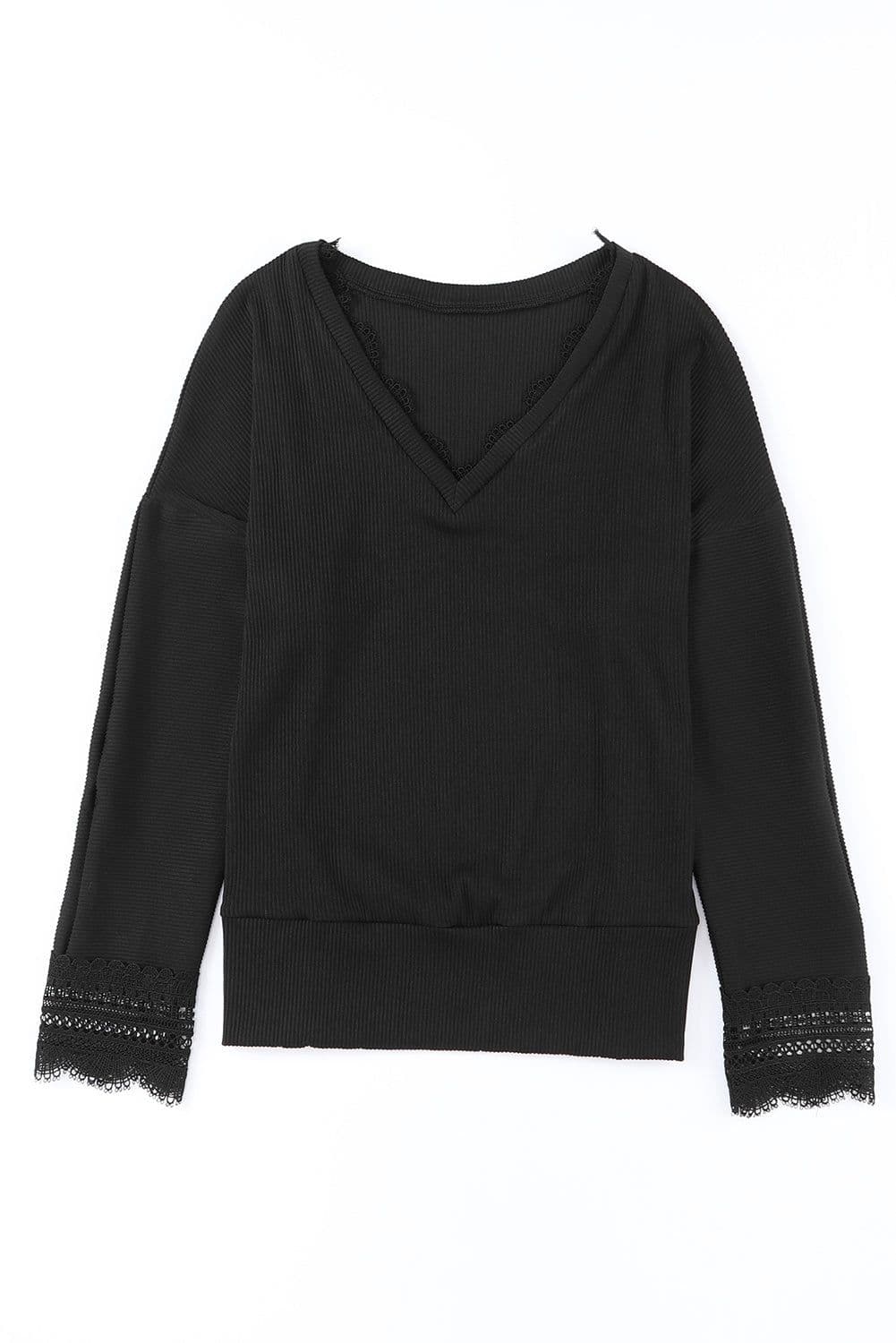 image-Apricot Ribbed Texture Lace Trim V Neck Long Sleeve Top