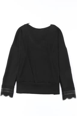image-Apricot Ribbed Texture Lace Trim V Neck Long Sleeve Top