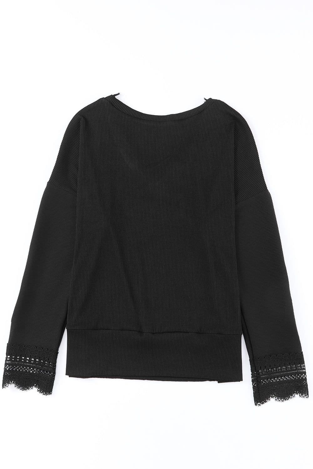 image-Apricot Ribbed Texture Lace Trim V Neck Long Sleeve Top