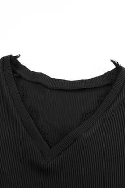image-Apricot Ribbed Texture Lace Trim V Neck Long Sleeve Top