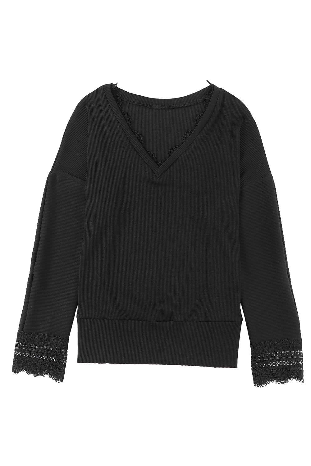 image-Apricot Ribbed Texture Lace Trim V Neck Long Sleeve Top