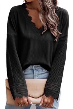 image-Apricot Ribbed Texture Lace Trim V Neck Long Sleeve Top