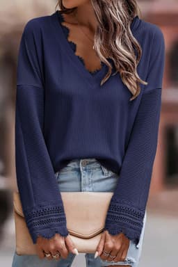 image-Apricot Ribbed Texture Lace Trim V Neck Long Sleeve Top