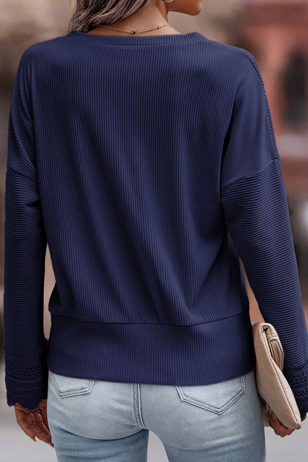 image-Apricot Ribbed Texture Lace Trim V Neck Long Sleeve Top