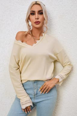 image-Apricot Ribbed Texture Lace Trim V Neck Long Sleeve Top