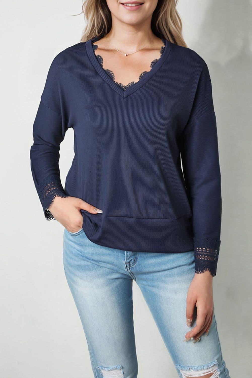 image-Apricot Ribbed Texture Lace Trim V Neck Long Sleeve Top