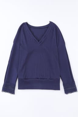 image-Apricot Ribbed Texture Lace Trim V Neck Long Sleeve Top
