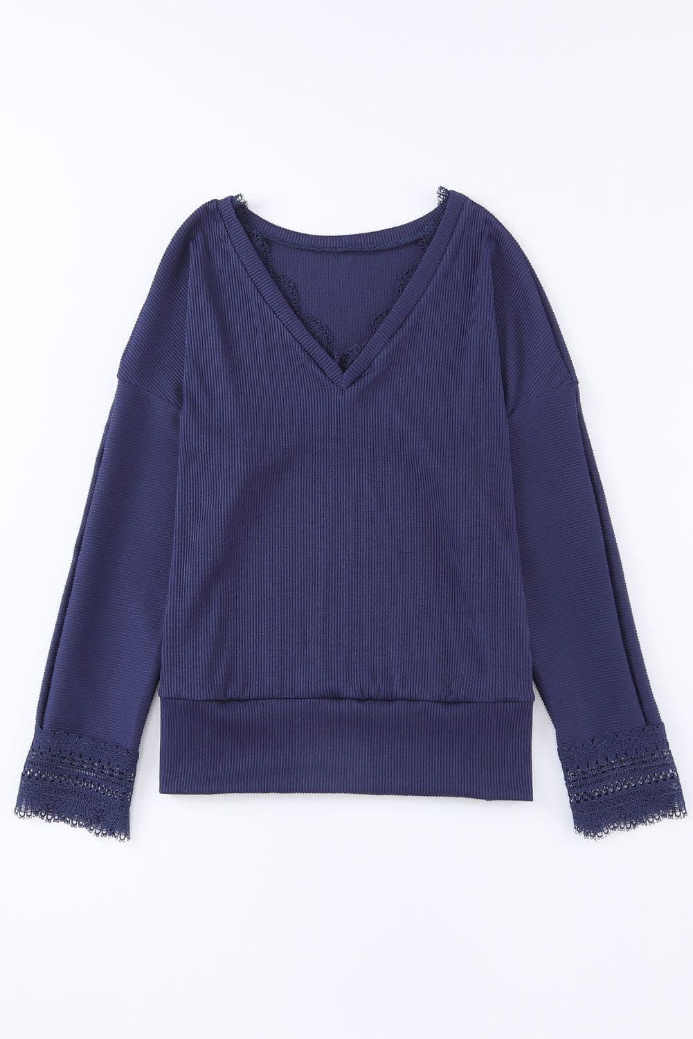 image-Apricot Ribbed Texture Lace Trim V Neck Long Sleeve Top