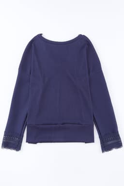 image-Apricot Ribbed Texture Lace Trim V Neck Long Sleeve Top