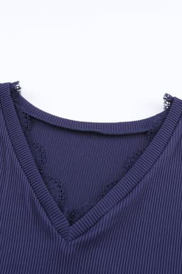 image-Apricot Ribbed Texture Lace Trim V Neck Long Sleeve Top