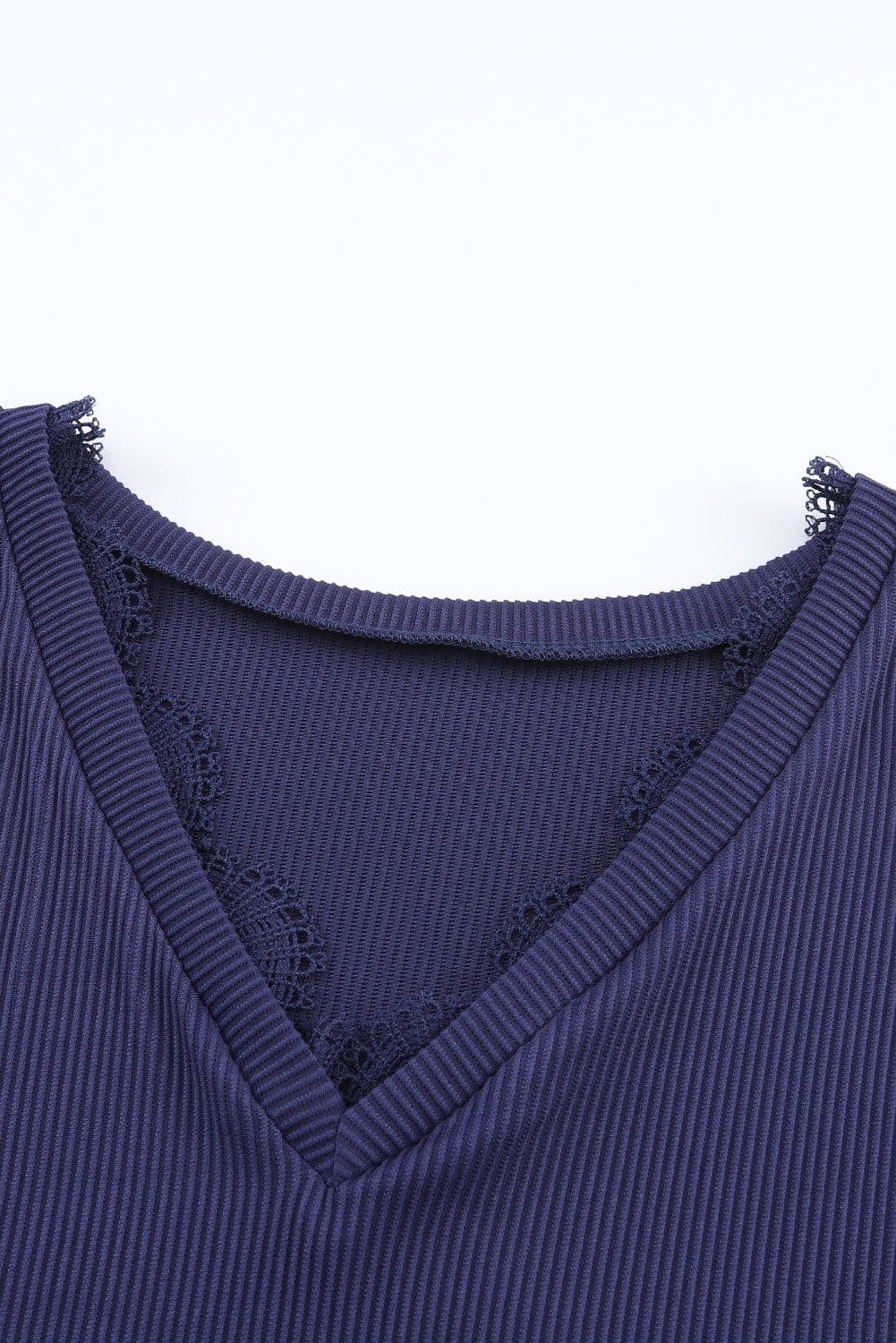 image-Apricot Ribbed Texture Lace Trim V Neck Long Sleeve Top