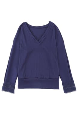 image-Apricot Ribbed Texture Lace Trim V Neck Long Sleeve Top