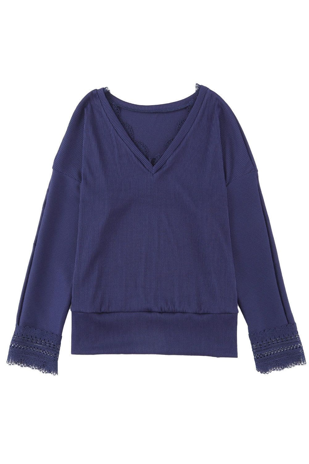 image-Apricot Ribbed Texture Lace Trim V Neck Long Sleeve Top