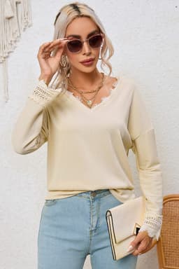 image-Apricot Ribbed Texture Lace Trim V Neck Long Sleeve Top