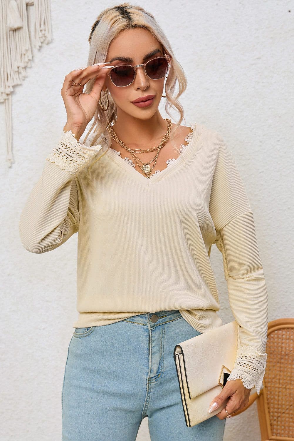 image-Apricot Ribbed Texture Lace Trim V Neck Long Sleeve Top