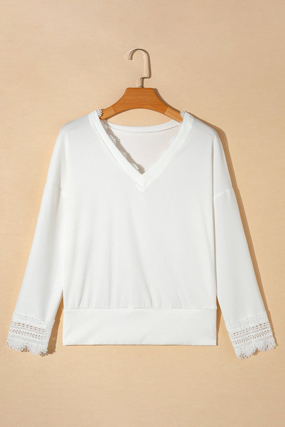 image-Apricot Ribbed Texture Lace Trim V Neck Long Sleeve Top