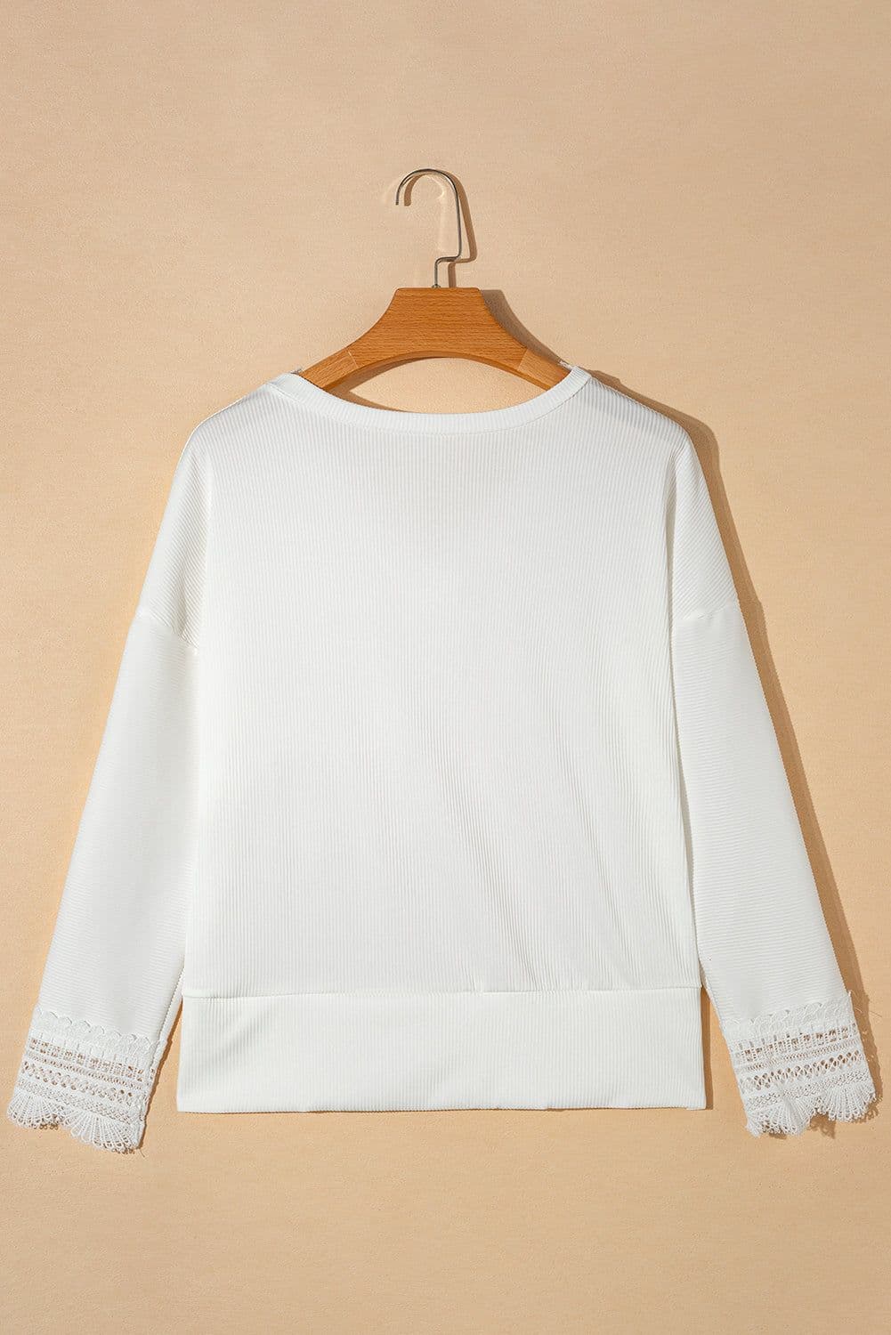 image-Apricot Ribbed Texture Lace Trim V Neck Long Sleeve Top
