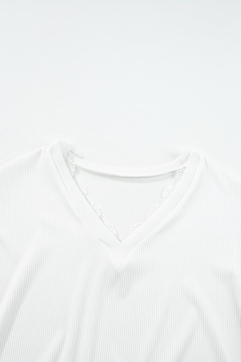 image-Apricot Ribbed Texture Lace Trim V Neck Long Sleeve Top