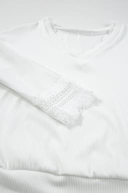 image-Apricot Ribbed Texture Lace Trim V Neck Long Sleeve Top