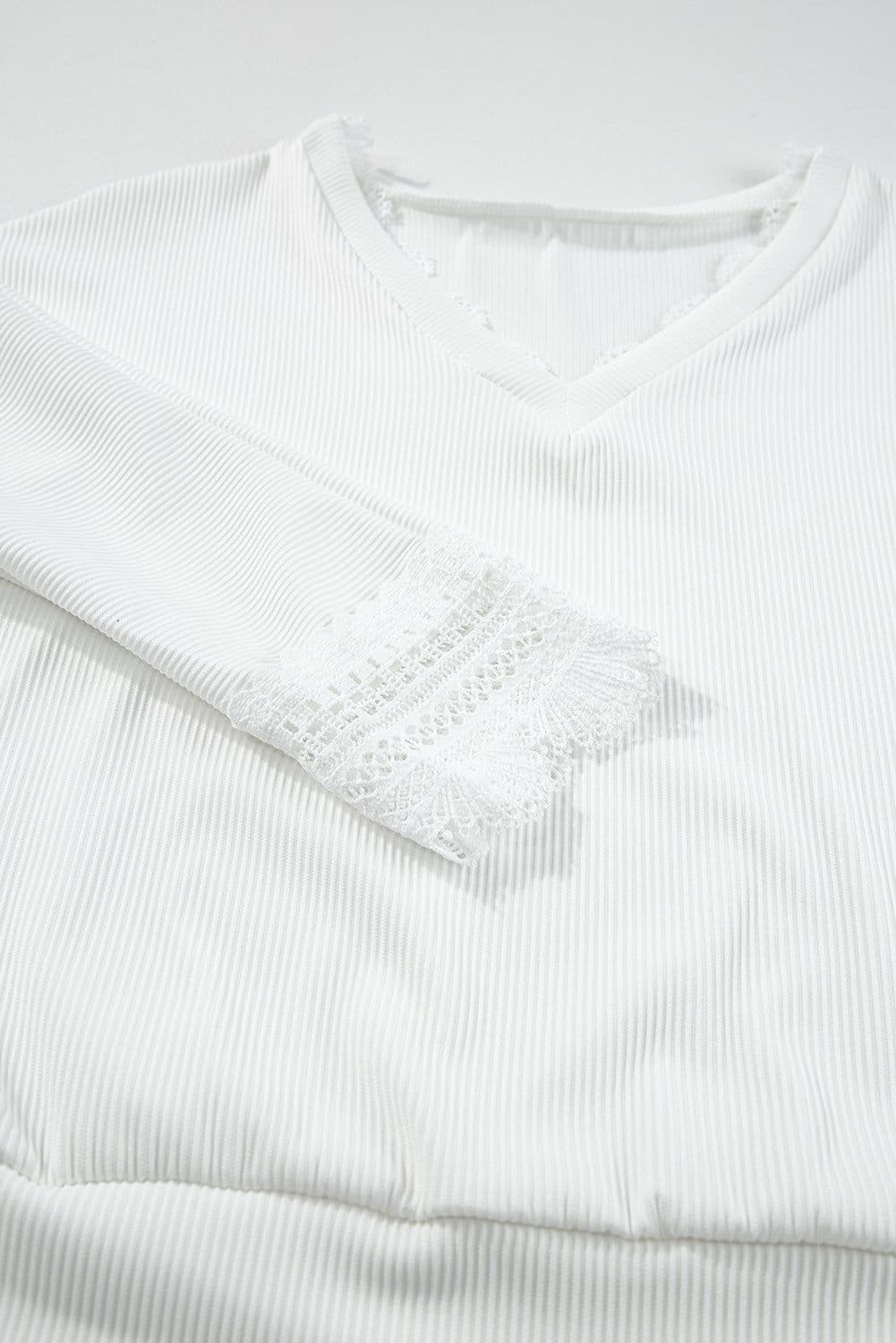 image-Apricot Ribbed Texture Lace Trim V Neck Long Sleeve Top