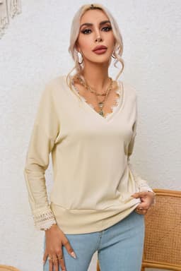 image-Apricot Ribbed Texture Lace Trim V Neck Long Sleeve Top