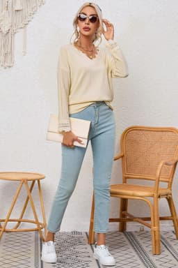 image-Apricot Ribbed Texture Lace Trim V Neck Long Sleeve Top