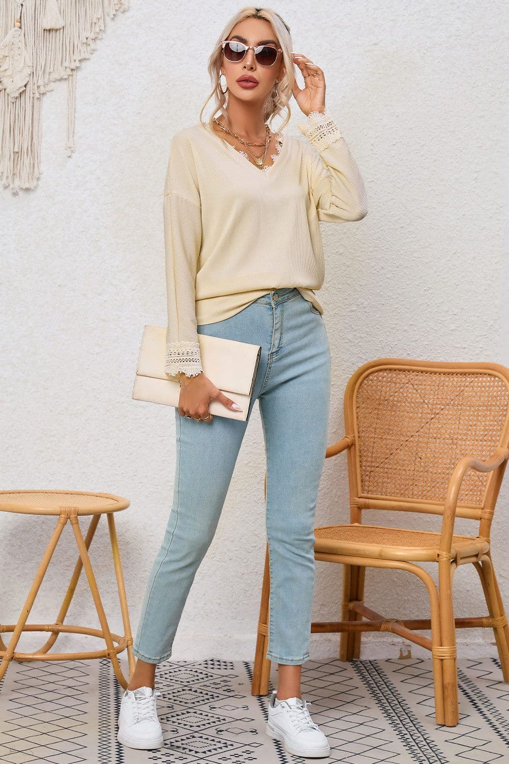 image-Apricot Ribbed Texture Lace Trim V Neck Long Sleeve Top
