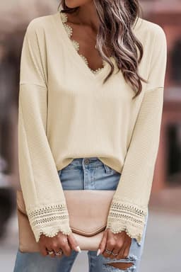 image-Apricot Ribbed Texture Lace Trim V Neck Long Sleeve Top