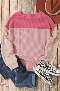 image-Pink Color Block Long Sleeve Ribbed Loose Top
