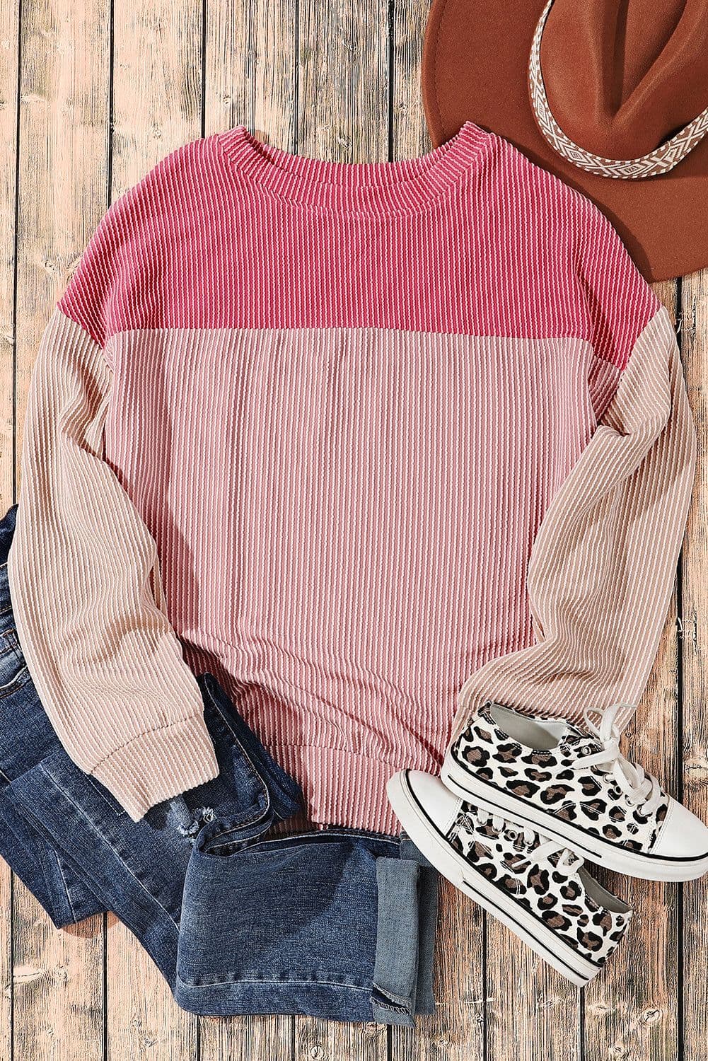 image-Pink Color Block Long Sleeve Ribbed Loose Top