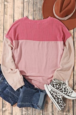 image-Pink Color Block Long Sleeve Ribbed Loose Top