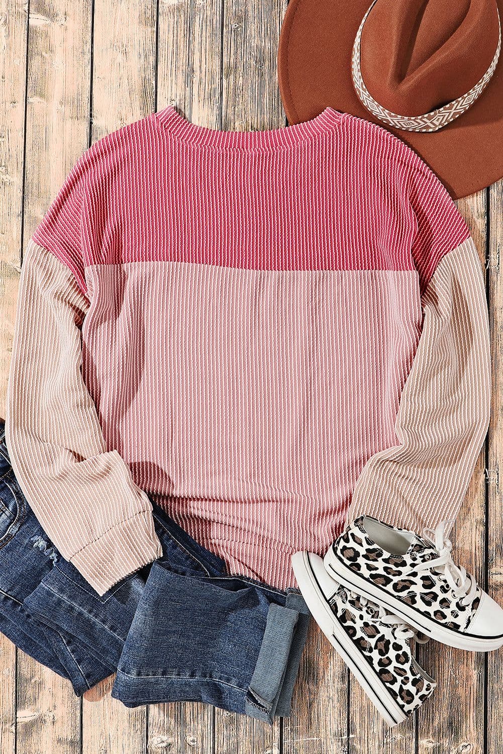 image-Pink Color Block Long Sleeve Ribbed Loose Top