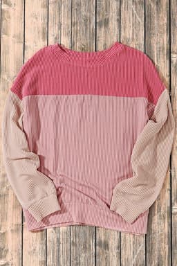 image-Pink Color Block Long Sleeve Ribbed Loose Top