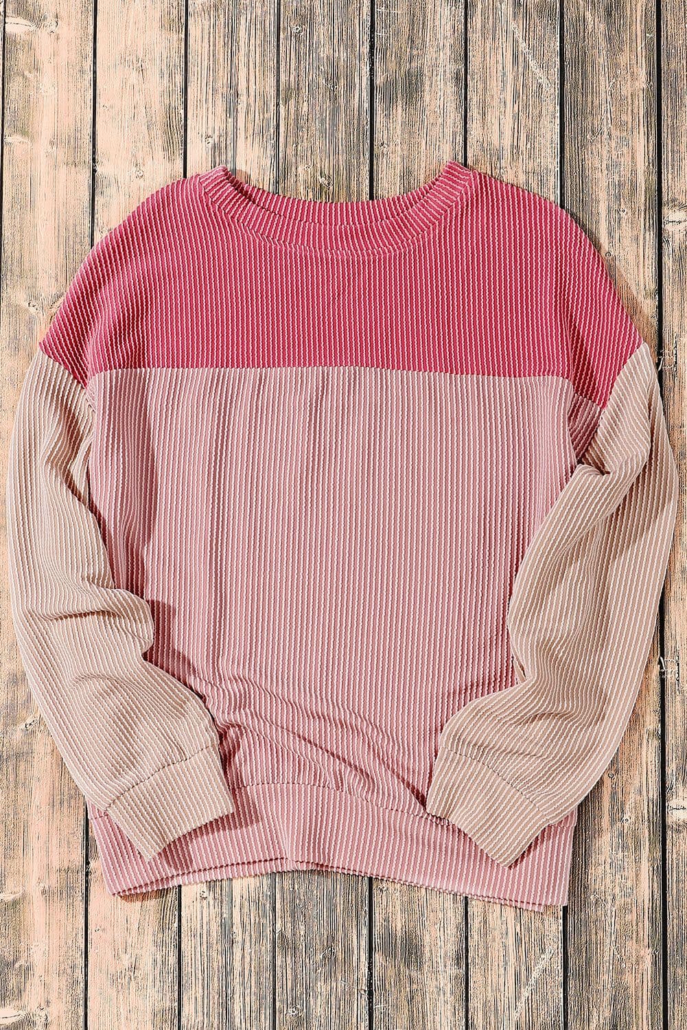 image-Pink Color Block Long Sleeve Ribbed Loose Top