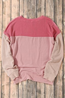 image-Pink Color Block Long Sleeve Ribbed Loose Top