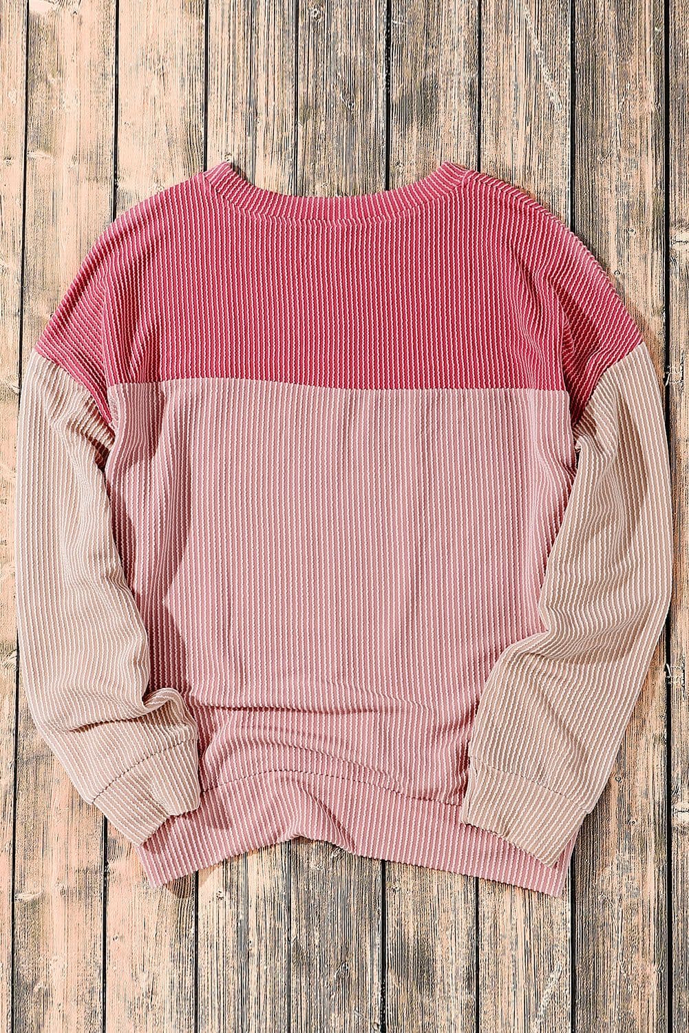 image-Pink Color Block Long Sleeve Ribbed Loose Top