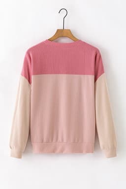 image-Pink Color Block Long Sleeve Ribbed Loose Top